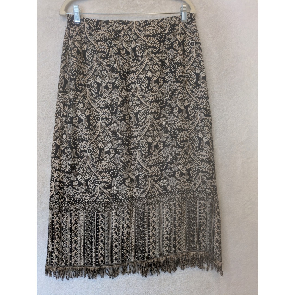 BFA Classics Midi Skirt Women's 12P Black Beige Paisley Tapestry Fringed Hem